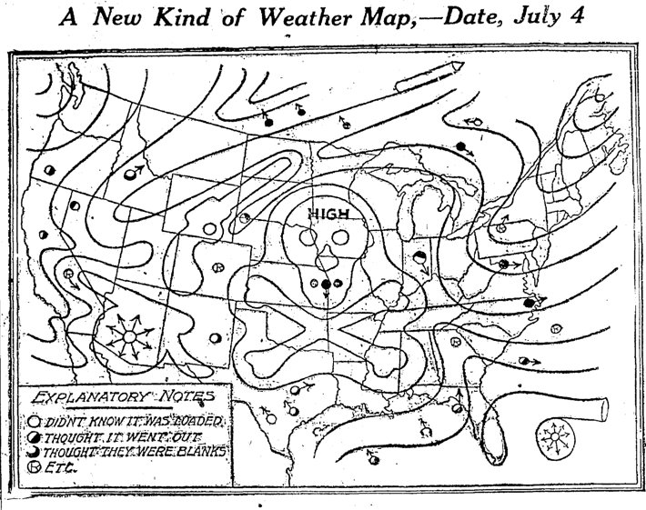 Bizarre, grim comic weather map for the Fourth of July, 1911
The Patriot, Harrisburg, PA