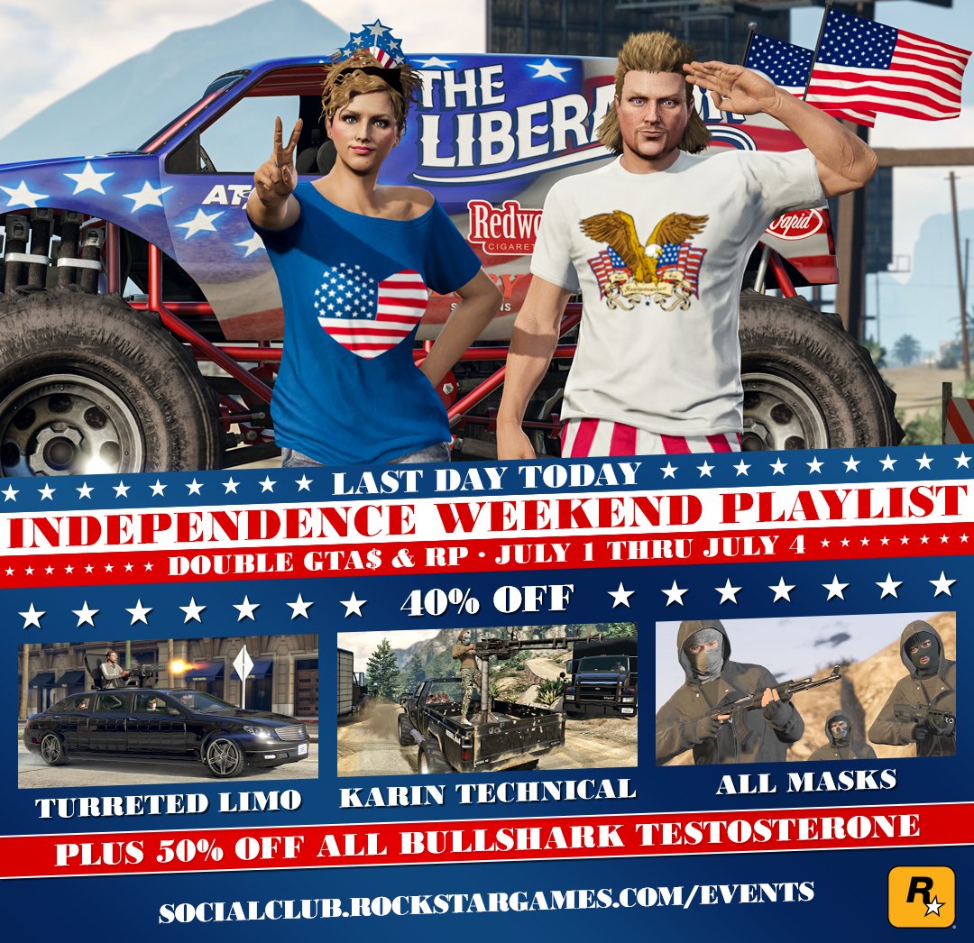 RockstarGames's tweet photo. Last Day!
2x GTA$/RP Playlist in #GTAOnline
Plus special bonuses
https://t.co/XwwWLfwXrC https://t.co/o1xCZdUvjF
