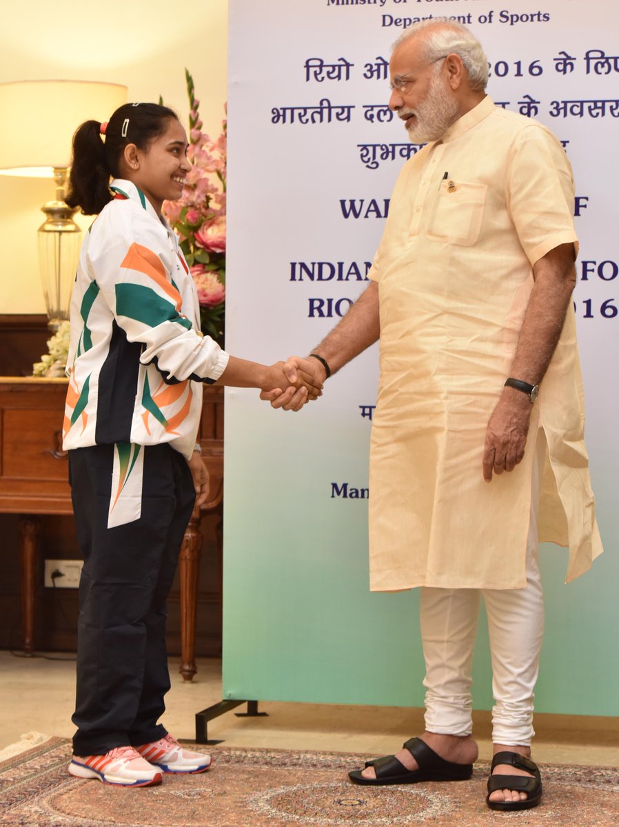 narendramodi's tweet photo. Gymnast Dipa Karmakar is all set to take the Olympics by storm. Conveyed my good wishes to her. https://t.co/ipjthYWrkl