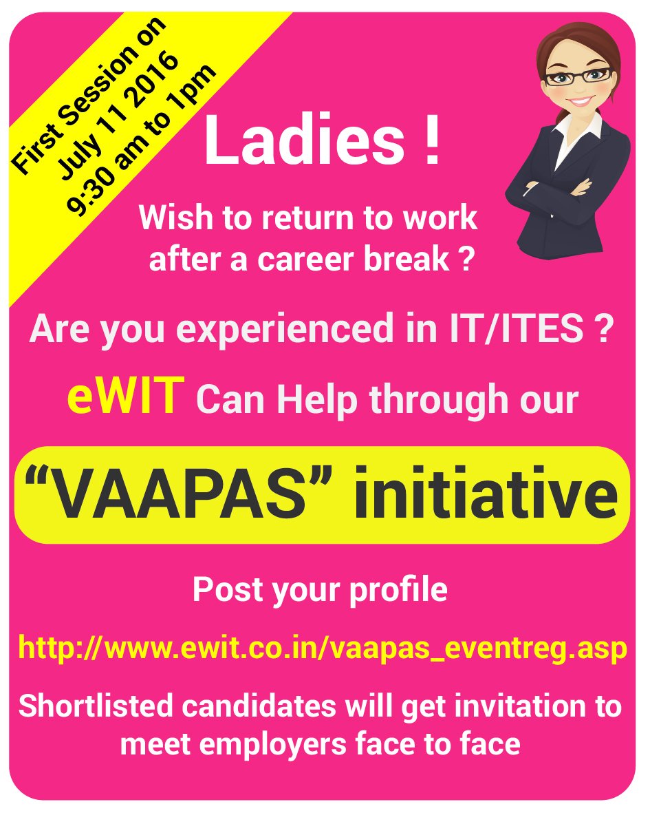 ewitchennai's tweet photo. Vaapas-Orientation Program (July 11th) Registration...... https://t.co/d8HqCLlKU2 #career #work #women https://t.co/uULWlEy7Vx