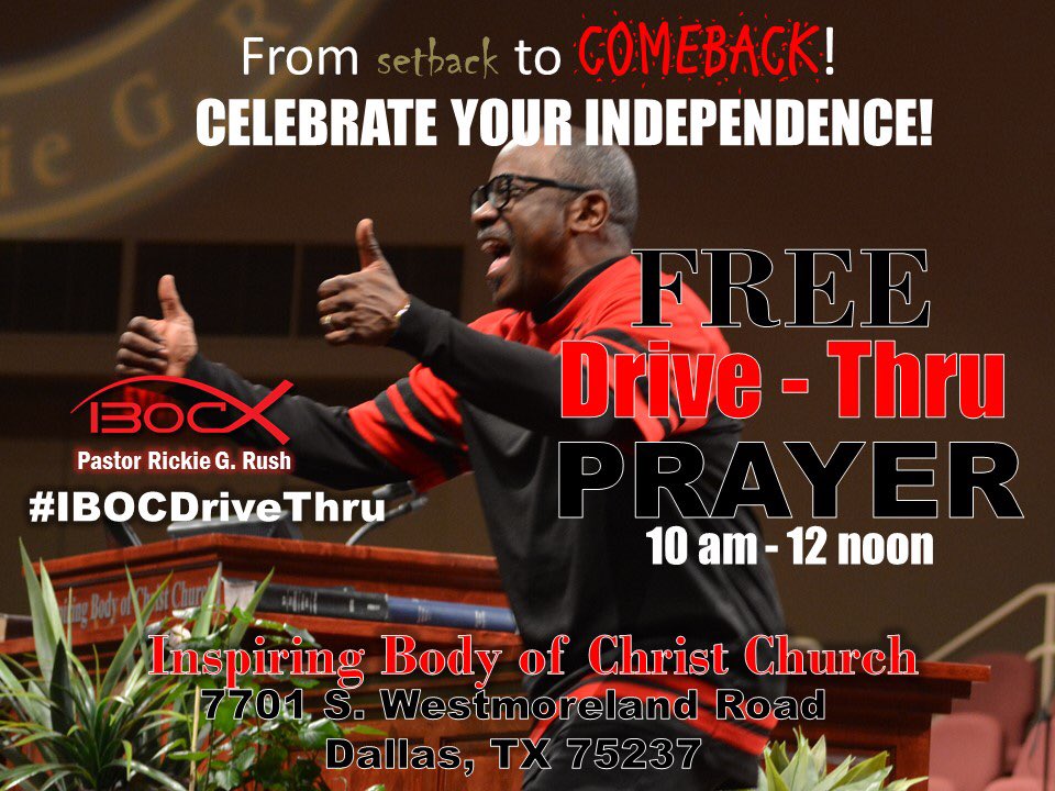 rickiegrush's tweet photo. From setback to COMEBACK! TODAY! FREE Drive-Thru Prayer @ibocchurch 10am -12 noon 7/4/16 #IBOCDriveThru #God1st https://t.co/W6M0T28AxE