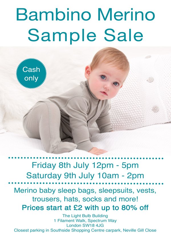 @Playtime_W #Samplesale this Friday 12pm-5pm &amp; Saturday 10am-2pm, #Merino baby wear from £2 with up to 80% off :)