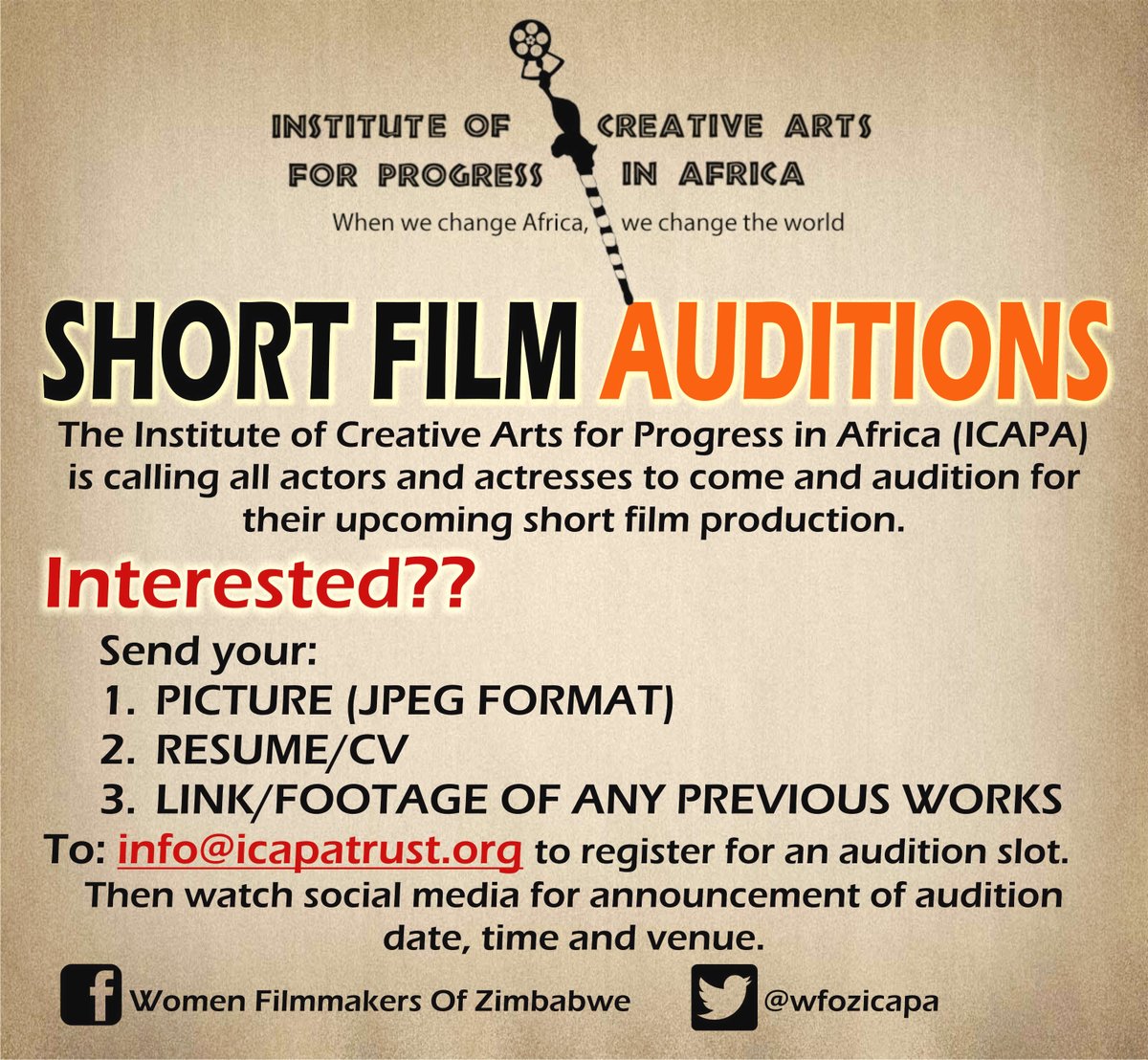 WFOZICAPA's tweet photo. #AUDITIONS - calling ALL local acting talent
@twimboz @263Chat @herzimbabwe @ThreeMenOnABoat @zimbojam @efie41209591 https://t.co/X9EEHoivk3