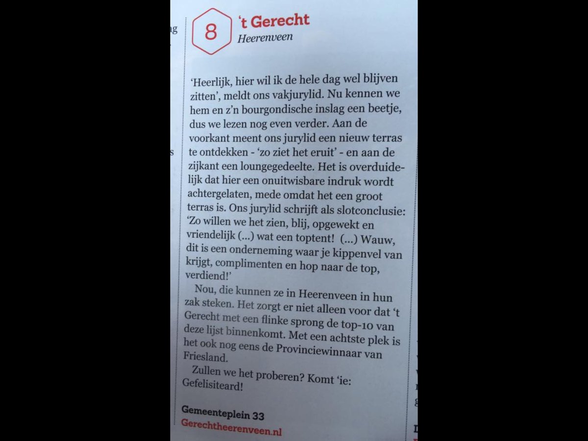 Echt subliem rapport vakjury van <a href="/MissetHoreca/">Misset Horeca</a> over het terras <a href="/tGerecht/">'t Gerecht</a> <a href="/Heerenveen/">Gemeente Heerenveen</a>