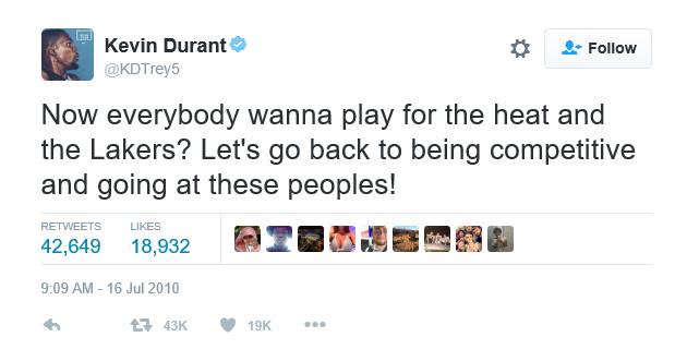 SportsMaxZone's tweet photo. Kevin Durant (@KDTrey5) made this tweet in 2010. Is he going back on his words? Tweet us using the hashtag #smaxzone https://t.co/dLcyxBYQRl