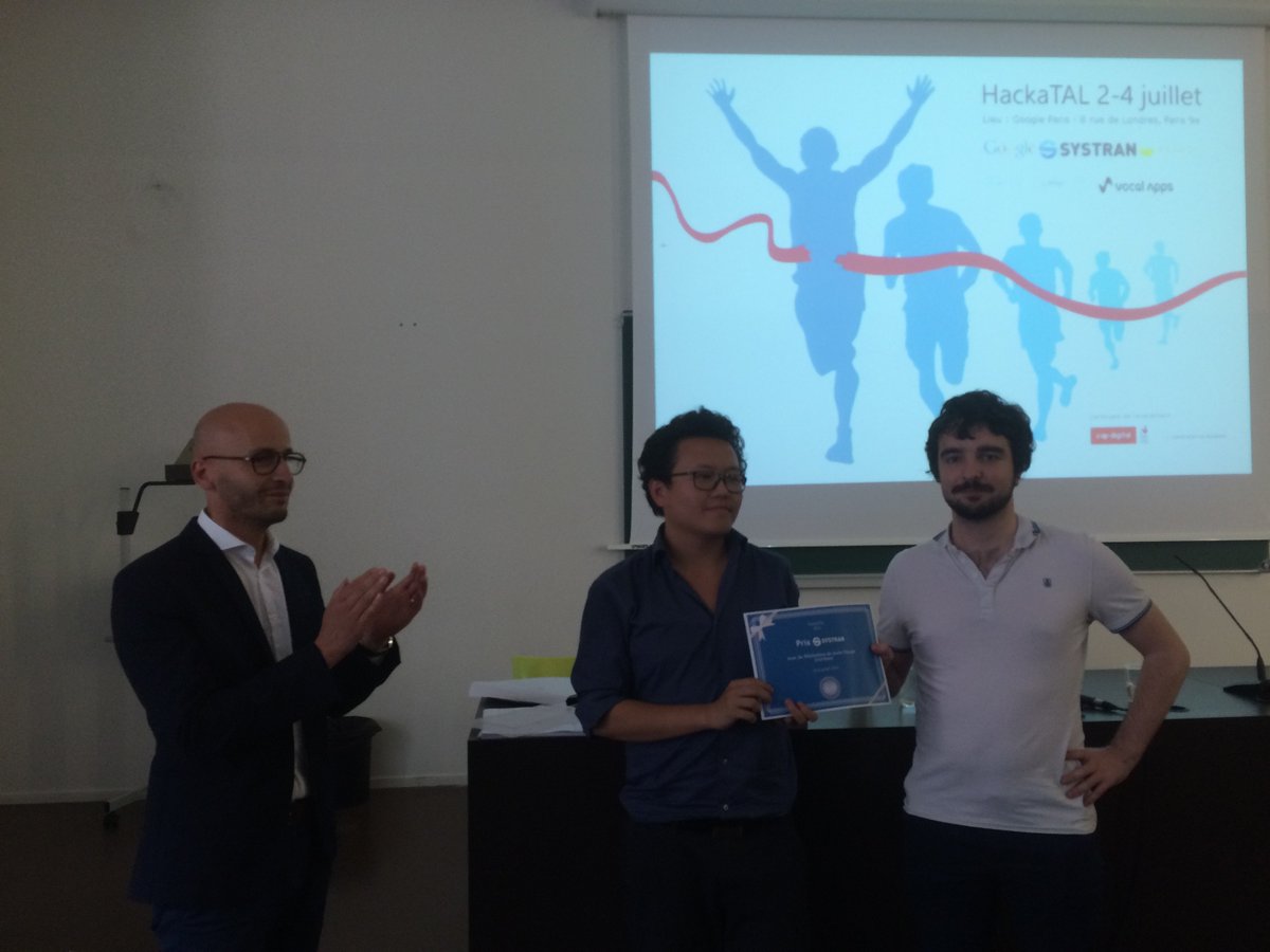 SYSTRAN's tweet photo. Félicitations au lauréat du #HackaTAL @jep_taln2016 qui a remporté le prix #SYSTRAN : 1 semaine à San Diego pour 2 ! https://t.co/vs2DYrK9eI
