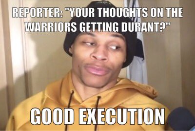 rymcgriff's tweet image. Reporters lining up to speak with Westbrook, but he's only got one answer for them #Durant #westbrook #goodexecution