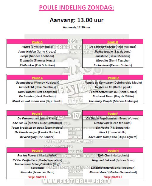Festiballparty's tweet photo. Poule indeling Festiball zondag: nog 2 plekken beschikbaar aanmelden via https://t.co/jwVEKFVfYG #beachvolleybal https://t.co/YiaEY5L8aM