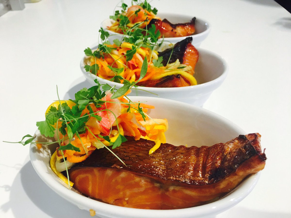 CafesbyHPL's tweet photo. Teriyaki salmon #MainCourse with pickled veg - lovely combination of flavours! #CafePortrait @NatGalleriesSco https://t.co/Zqr9Oq4Zx2
