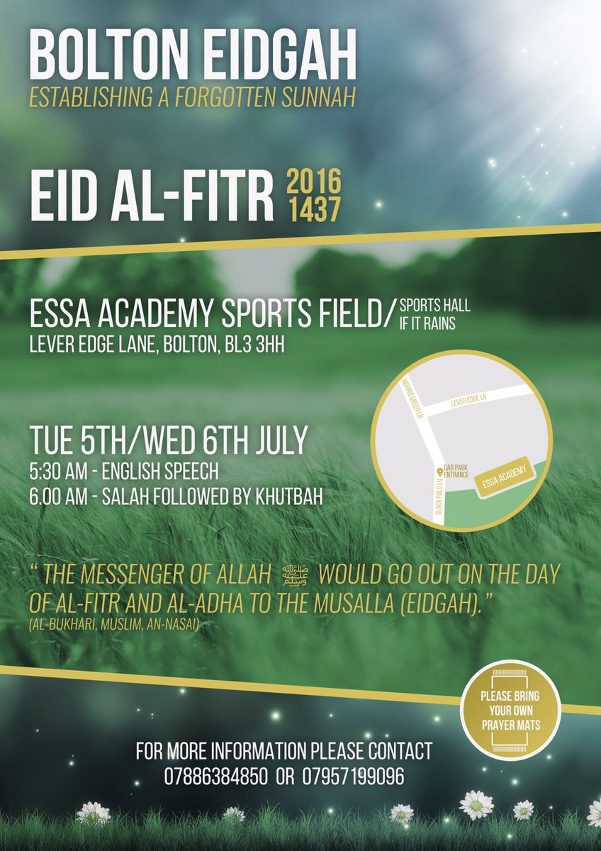 WellWishersUK's tweet photo. Try your best to perform your #Eid #Salâh at the Musallâ (#Eidgah)

https://t.co/YIqV8BXgXQ

We've got one in Bolton https://t.co/C43YK34HQJ
