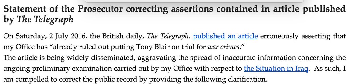 The ICC prosecutor objects to <a href="/Telegraph/">The Telegraph</a> article saying she has ruled out prosecuting Blair #Chilcot