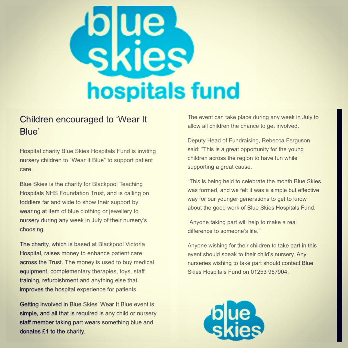 calling all nurseries 🙌🏻 please get in touch with @BlueSkiesFund if U want2 B involved in the #wearitblue 💙🏥💙🏥💙🏥💙🏥