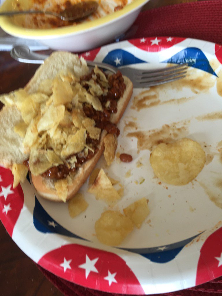 realTonyReiss's tweet photo. #American meal: sloppy joe on hot dog bun w/ salt &amp; vinegar chip garnish. #DeclarationOfDelicious https://t.co/rcldUJ3Iz6