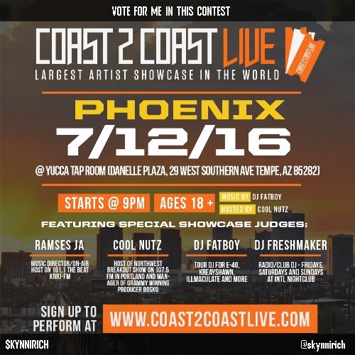 Vote for me to perform at #Phoenix Edition 7/12/16! https://t.co/TC2irIPxsB #Coast2Coast https://t.c<a href="/tag/phoenix"class="tags">#Phoenix</a><a href="/tag/coast2coast"class="tags"><span>#coast2coast</span></a>