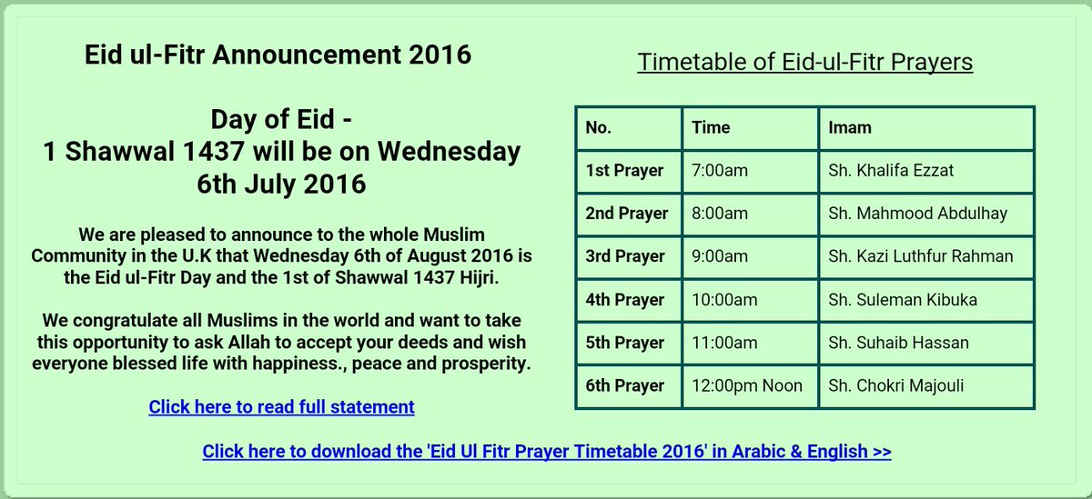KBRILondon's tweet photo. Berdasarkan London Central Mosque, 1 Syawal 1437H jatuh pada Rabu, 6 Juli 2016 https://t.co/yZny6t2ify