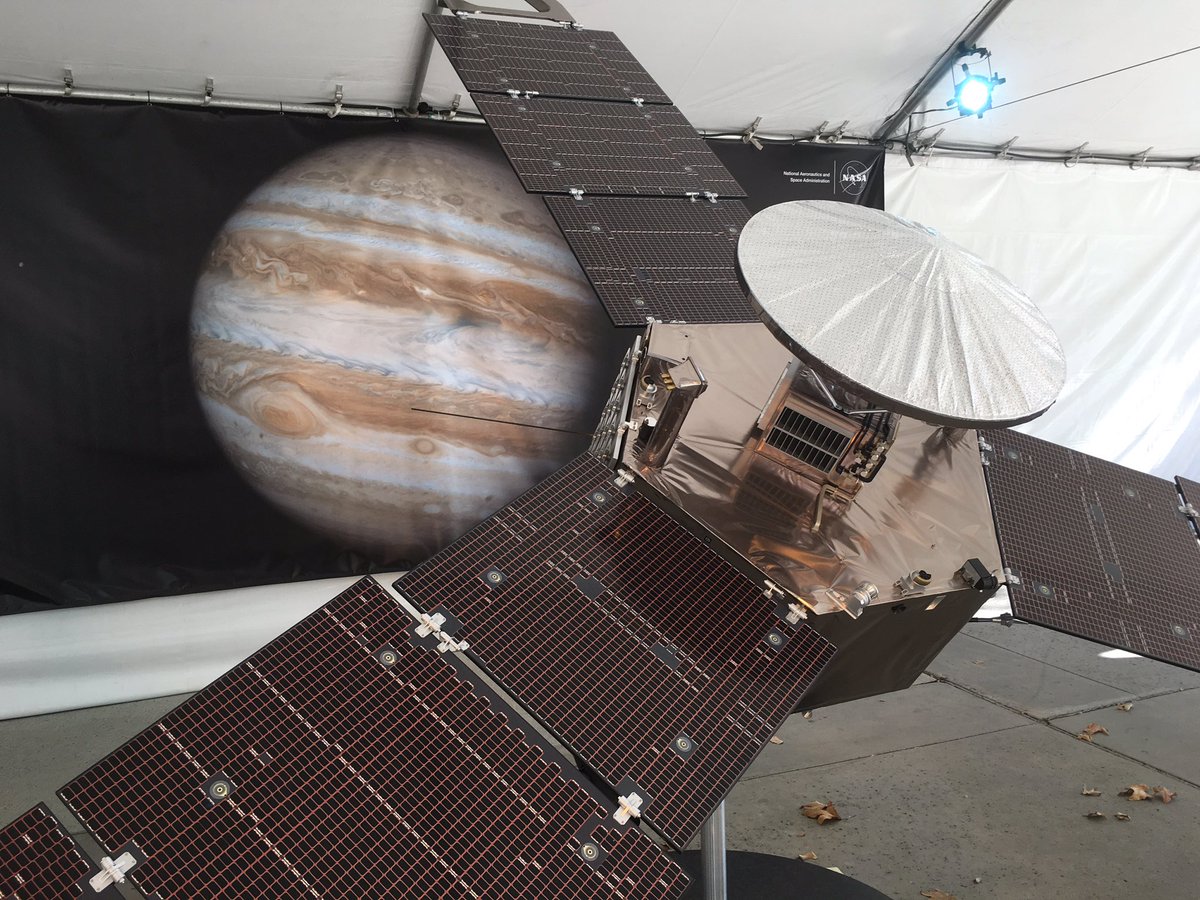 1/4 scale model of NASA's Juno probe on display. It enters Jupiter's orbit tonight, after 5 yrs and 1.8bn miles
