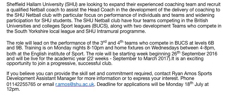 HallamNetball's tweet photo. Recruiting for coaching roles now! https://t.co/PKBNRz3F3q