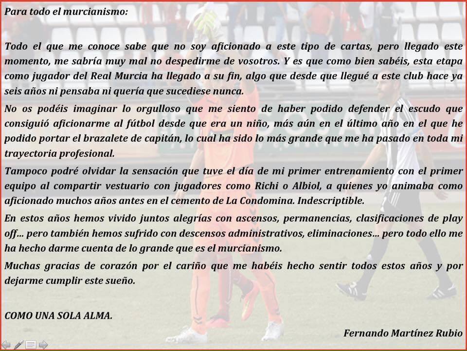 BARLOVENTO13704's tweet photo. Carta de Fernando nuestro Capitán para todo el Murcianismo! Lo dicho mucha suerte en tu Carrera profesional! #crack https://t.co/f20OWuUxPL