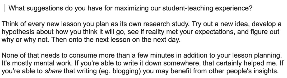 ddmeyer's tweet photo. Email: "What suggestions do you have for maximizing our student-teaching experience?" I'll pass along your answers! https://t.co/0rJo0dip7z