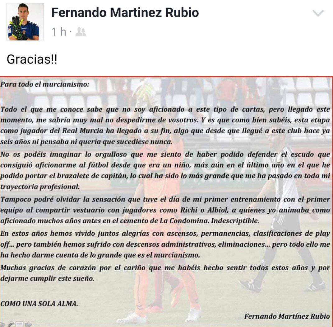 rumartiinez's tweet photo. La carta de despedida de Fernando para el murcianismo. https://t.co/qBRmM8EN08