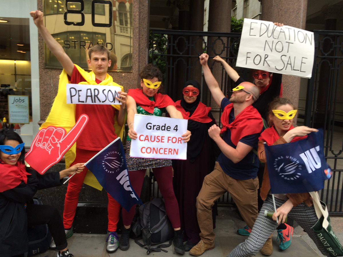 Superhero teachers kick off strike day w/tour of fat cats making £ from school sell off. @Pearson_UK #investdontcut