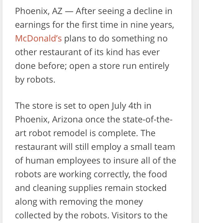 today a McDonald's run completely by robots opened in Phoenix