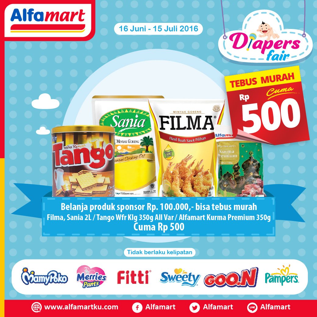 alfamart's tweet photo. Diapers Fair! Setiap belanja produk sponsor Rp 100.000 bisa tebus murah cuma Rp 500. Info https://t.co/X67X5PKuJf https://t.co/futVT7D1oe
