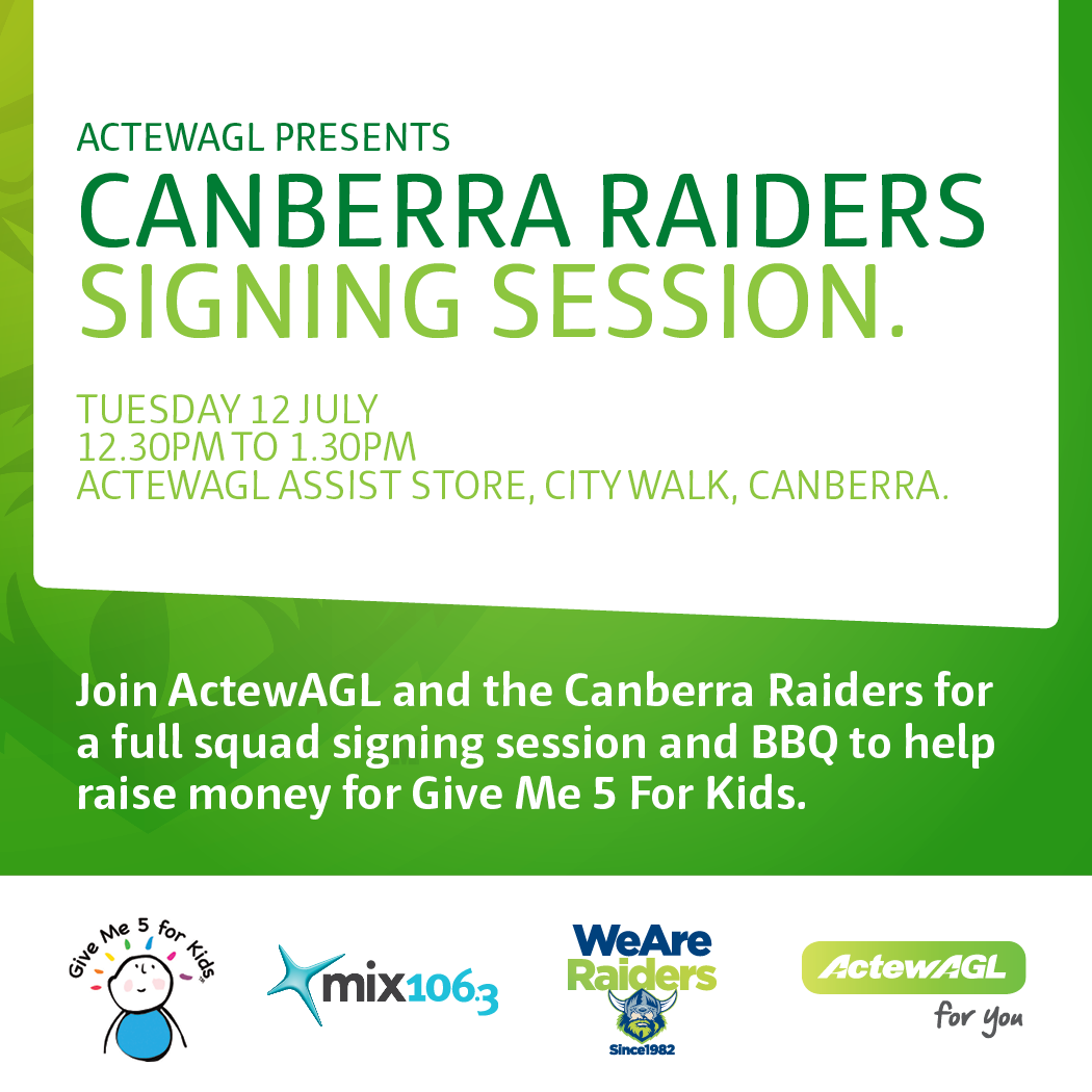 Meet the <a href="/RaidersCanberra/">Canberra Raiders</a> &amp; enjoy the best snag in #CBR to help <a href="/GM5FKCanberra/">GM5FKCanberra</a> with thanks to <a href="/ActewAGL/">ActewAGL</a> Tues 12 July