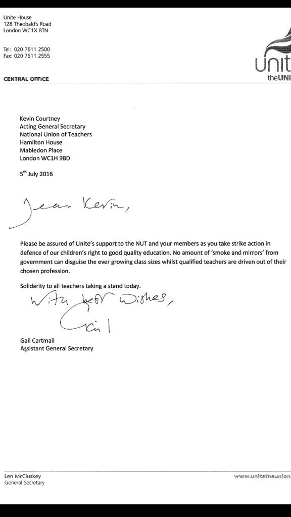 cyclingkev's tweet image. Great message of support from Unite the Union - seeing through Govt obfuscation. 
Education #investdontcut