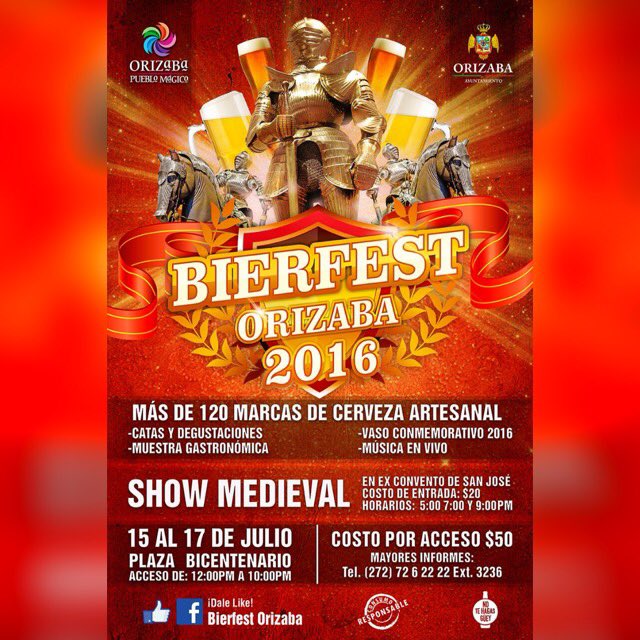 isaiasmunozm's tweet photo. 2do festival #Bierfest #Orizaba Del 15 al 17 de julio Costo por acceso $50 #ShowMedieval con costo adicional $20 https://t.co/lrN1wkRi8a