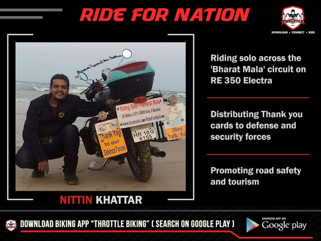 ThrottleClub's tweet photo. Nittin Khattar is riding solo for his #RideForNation to distribute 'Thankyou' cards to the defense forces.
#solo https://t.co/yrdd0b8pXh