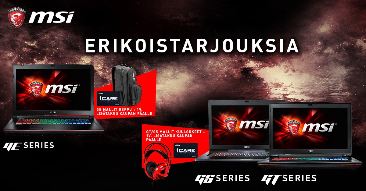 multitronicfi's tweet photo. MSI erikoiskampanja! Kaupan päälle kuulokkeet tai repun ostaessasi GL, Gt tai Gs läppärin https://t.co/LmGFAa1E2i https://t.co/URajhkocOo