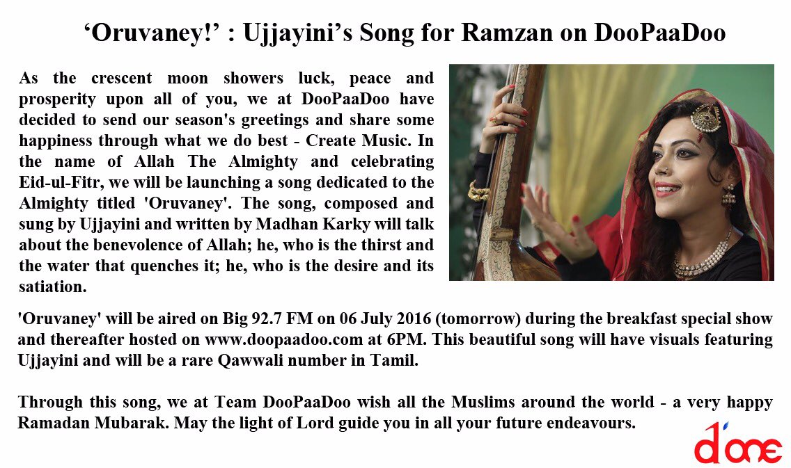 DoneChannel1's tweet photo. Celebrate Ramzan wit @doopaadoo 's new arrival #Oruvaney by #Ujjayini &amp; written by @madhankarky    #EidalFitr2016 https://t.co/bojvfKdsfc