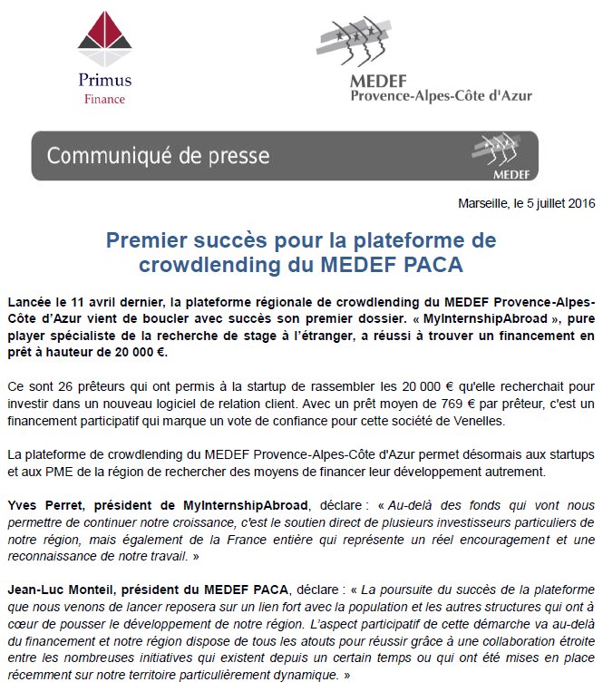 MEDEF_Sud's tweet photo. [COMMUNIQUÉ] 1er succès pour la plateforme de crowdlending du @MedefPACA : financement de 20 000 € pour 1 start-up ! https://t.co/UqUpwn5210