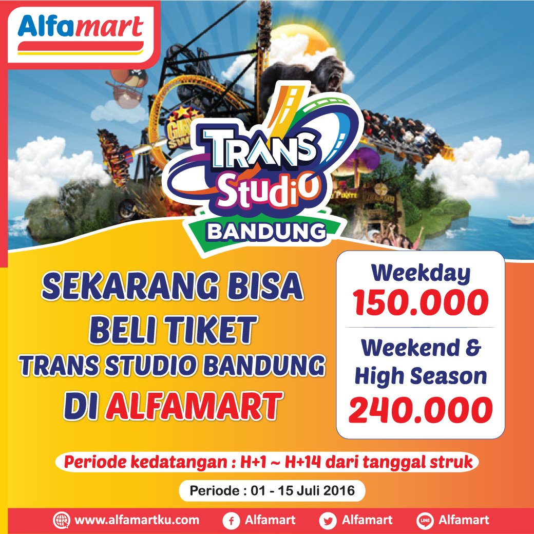 alfamart's tweet photo. Beli Tiket Transtudio Bandung di Alfamart aja. Weekday Rp 150.000, Weekend &amp; High Season Rp 240.000 https://t.co/mOsQIGSga9