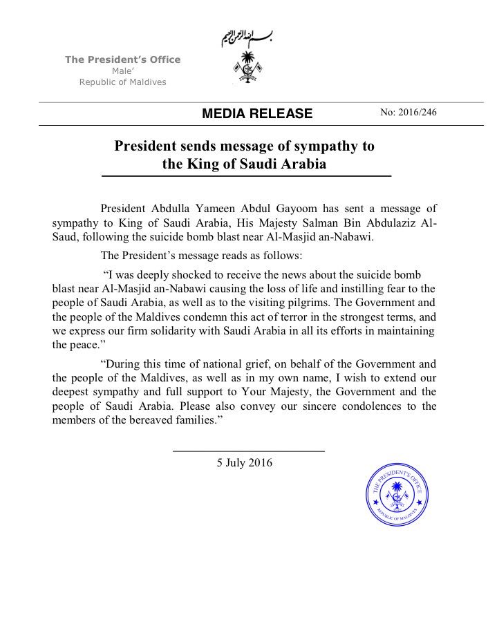 presidencymv's tweet photo. President sends message of sympathy to the King of #SaudiArabia https://t.co/StdGb51mhP
