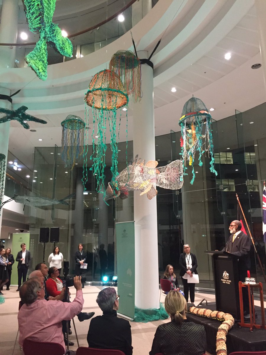 nma's tweet photo. Sid Bruce Shortjoe is a Pormpuraaw artist whose ghost net art is on display in @dfat atrium #DFATNAIDOC #NAIDOC2016 https://t.co/a6g0p0n1nH