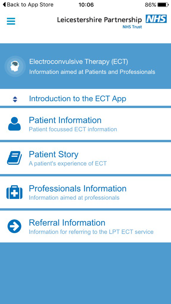 Screen grab of the new ECT app available to download now #WeAreLPT <a href="/LPTnhs/">Leicestershire Partnership NHS Trust</a>