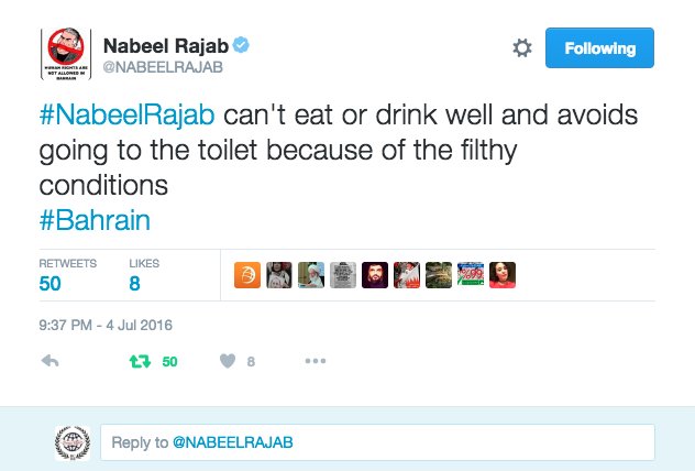 BahrainRights's tweet photo. After 3 weeks under detention #NabeelRajab's health is quickly deteriorating #Bahrain #FreeNabeel https://t.co/GyBFWgPWAY