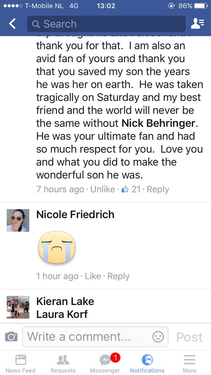 laurakorf's tweet photo. Heartbreaking message Nick's mom wrote on a Gaga fanpage..
Love her! Nick we miss you so much! #RIPNickBehringer https://t.co/0Vcf0Pf9DG