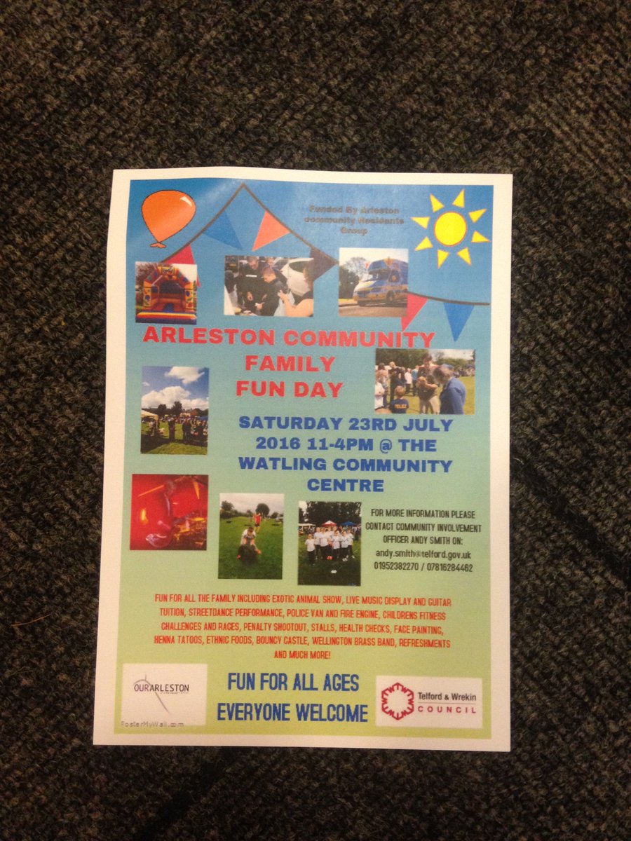 Arleston community family fun day! Fun for all ages! 23/7/16 at the Watling centre 11-4pm! All welcome <a href="/CllrAngela/">Cllr Angela McClements</a>