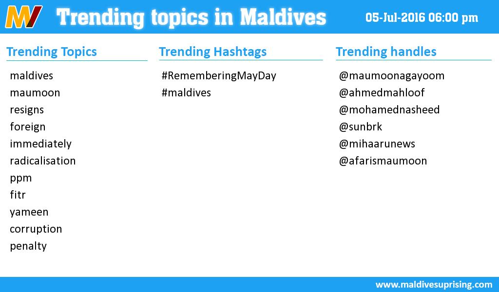 MaldivesTrends's tweet photo. Trending in #Maldives on 05-Jul-2016 06:00 pm [ #RememberingMayDay, #maldives maldives, maumoon, resigns, fore... ] https://t.co/fbW6WKfNdW