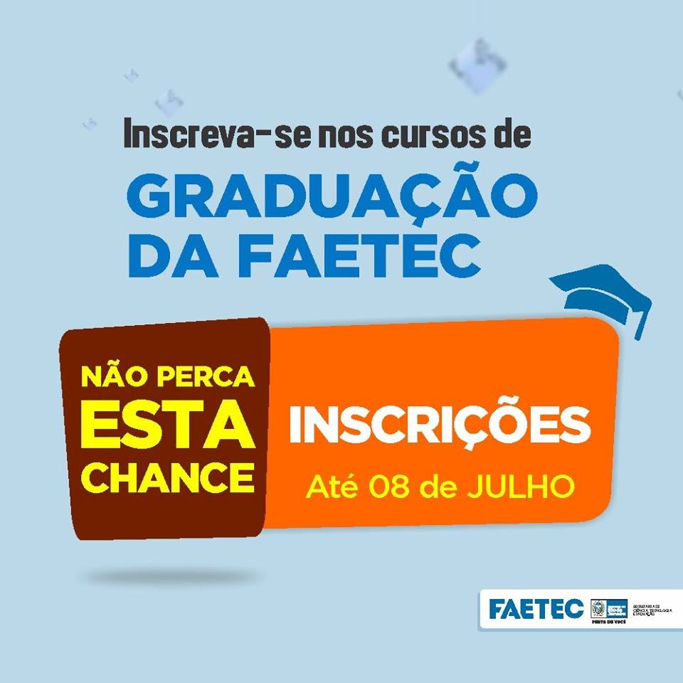 FAETERJ's tweet image. As inscrições vão até a próxima sexta-feira, dia 8 de julho. Boa sorte! #FAETERJ #FAETEC #ENEM #EducaçãoSuperior ;)