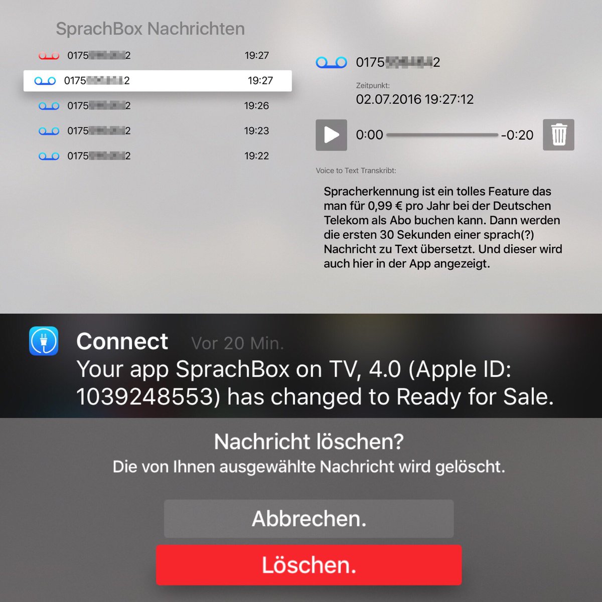 SprachBox_App's tweet photo. New #tvOS Version now presents #VTT in the App (in addition to TopShelf) &amp; deletion of msg #tvosreviewtime 2.5 Days https://t.co/QWa7ZGHXcZ