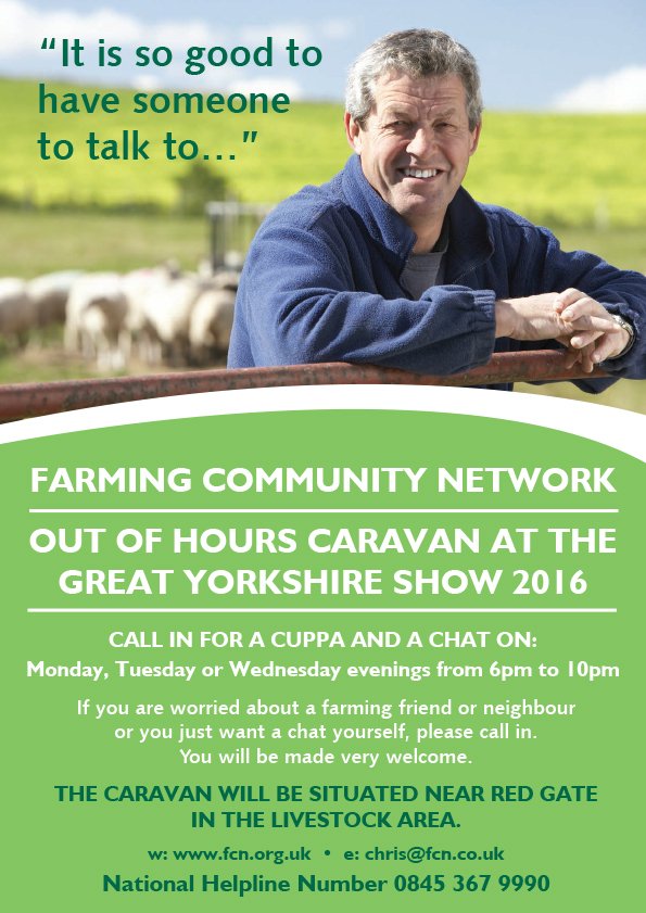 YorksAgSoc's tweet photo. Worried about a farming friend or neighbour? @FCNinfo will be at the Great #Yorkshire Show (12-14 July) https://t.co/M6jOVROaOb