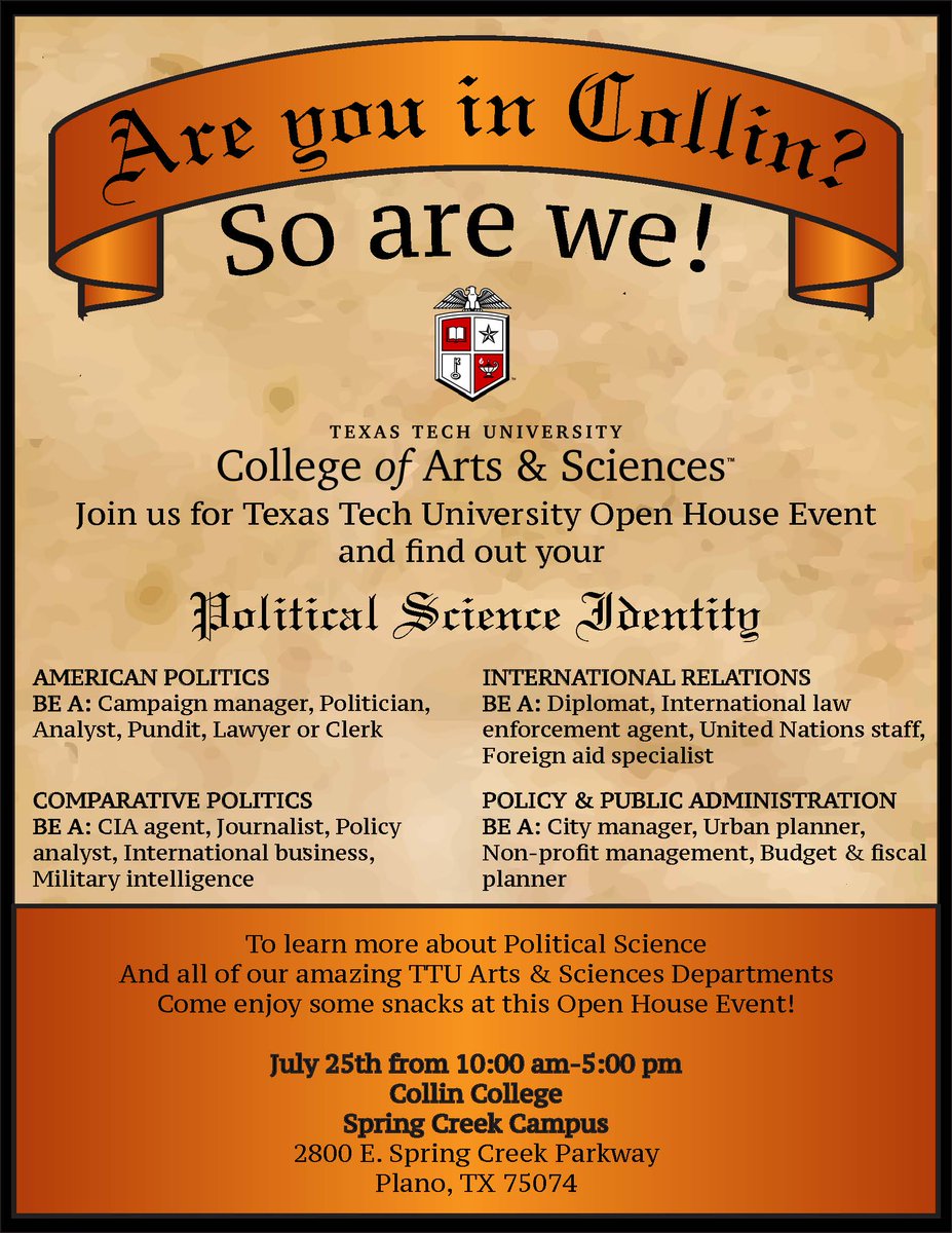 TTUPoliSci's tweet photo. We will be @collincollege on July 25th! If you are in the area come out and see us! #BuildingInnovators https://t.co/6ZYOSCcWpK