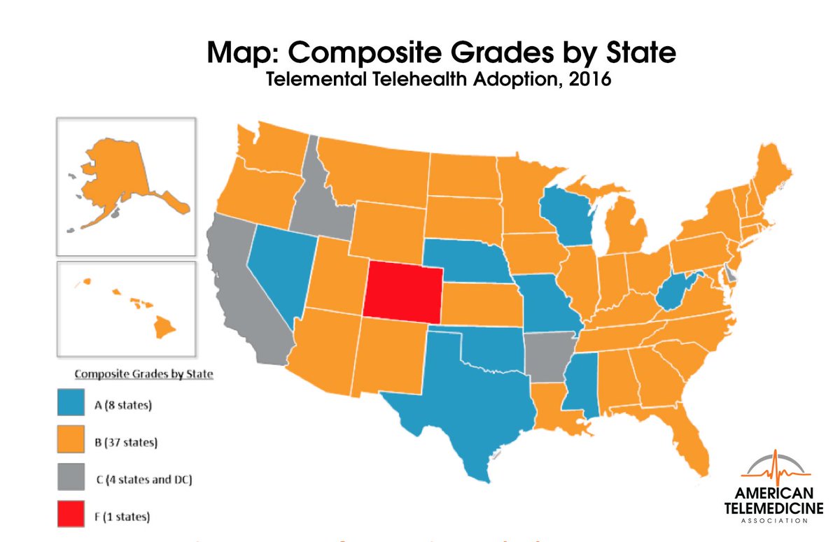 AmericanTelemed's tweet photo. In our new State #Telemedicine Gaps Analysis, 8 states received an "A" for telemental #telehealth adoption https://t.co/XlnPibvu0A