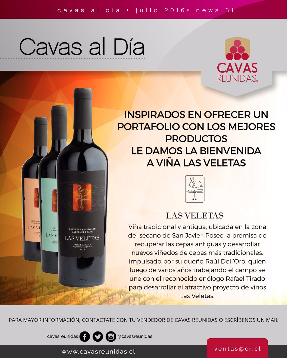 cavasreunidas's tweet photo. Le damos la bienvenida a Viña Las Veletas!! #nosgustaelvino #portafolio #productos #cavasreunidas #lasveletas https://t.co/7x3t6Nazfd