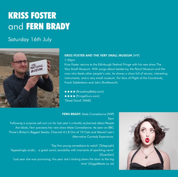 #ShinyNew5 16/7/16
<a href="/KrissFoster/">Kriss Foster</a>: Very Small Museum; 7.45pm; £5
Multipass with @FernBrady £10
lanterntheatreliverpool.co.uk/?post_type=eve…