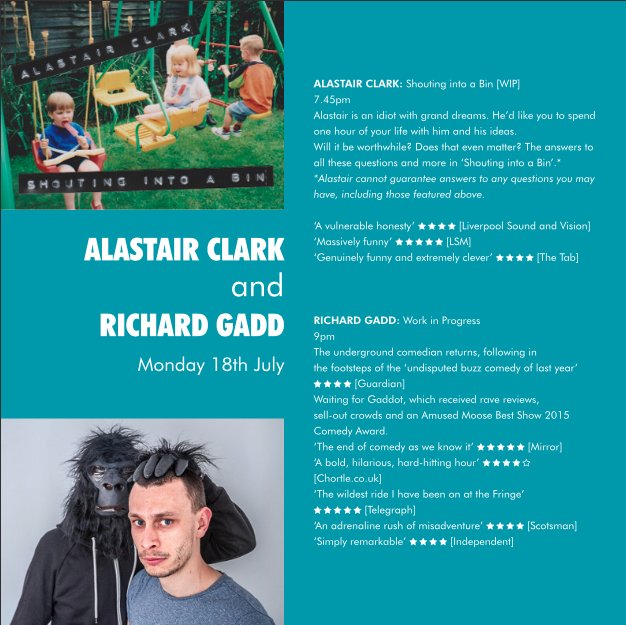 #ShinyNew5 18/7/16
<a href="/alastair_clark/">Alastair Clark</a>: Shouting...; 7.45pm; £5
Multipass w/ <a href="/MrRichardGadd/">Richard Gadd</a> £10
lanterntheatreliverpool.co.uk/?post_type=eve…